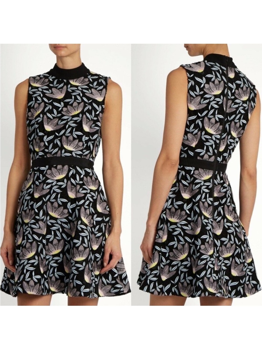 NWT Self Portrait Black Floral Lace Blue Peony Fit & Flare Sleeveless Mini Dress